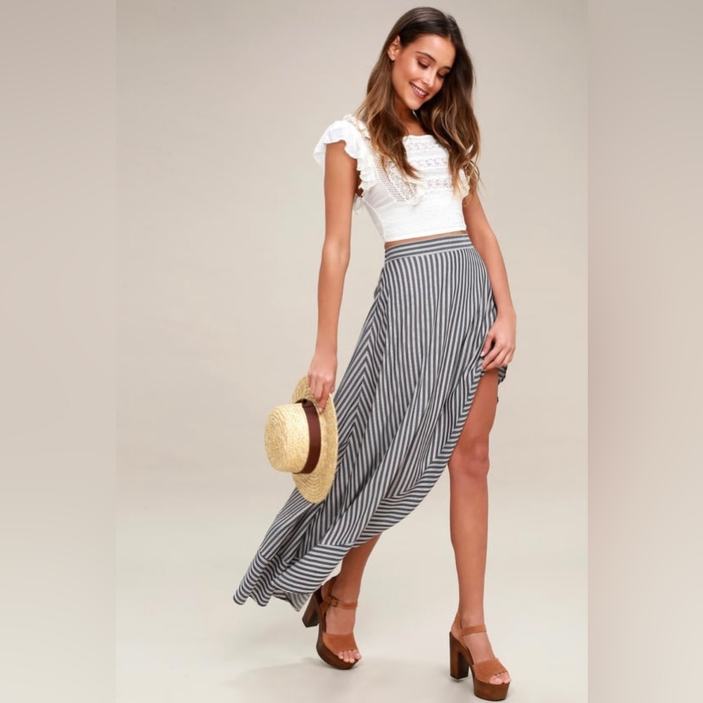 Burgundy and Navy Striped Asymmetrical Maxi Skirt